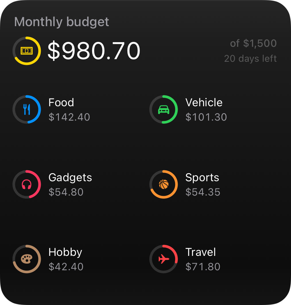 Budget widget at the large size: $980.70 remaining of $1,500 with 20 days left, over six category rings: Food, Vehicle, Gadgets, Sports, Hobby, and Travel.