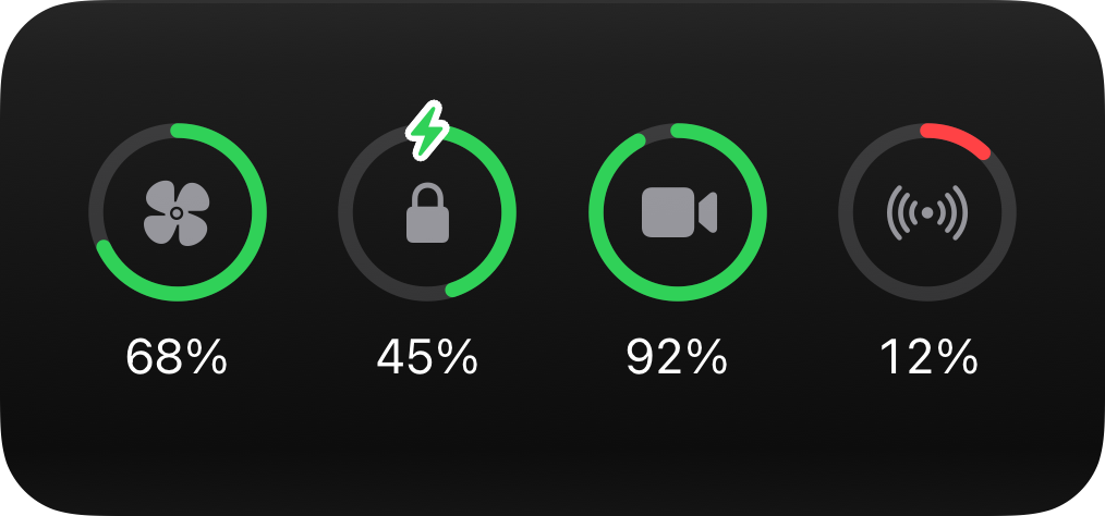 Battery widget with four rings for a fan, a lock, a camera, and a sensor.