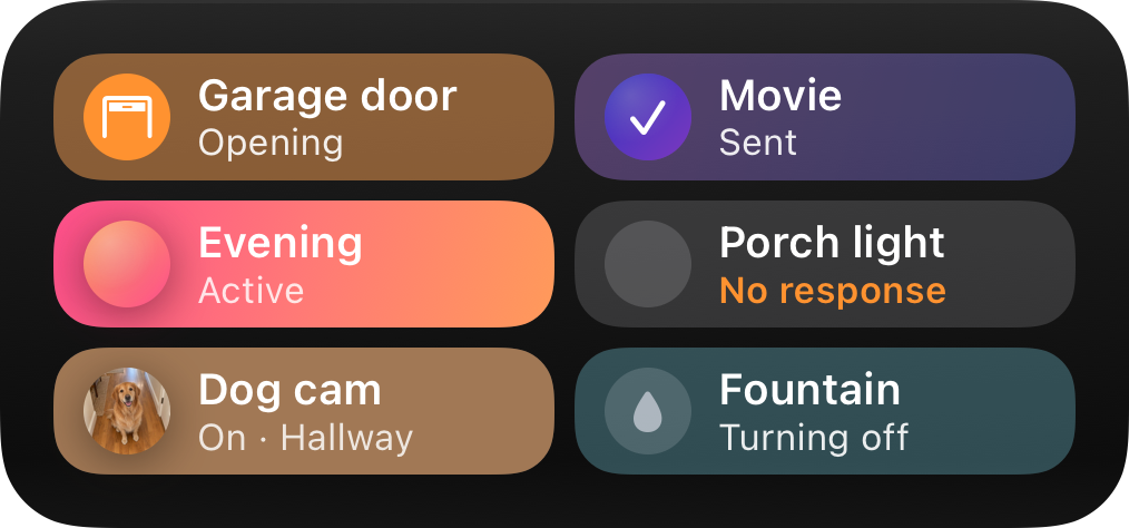 A medium Switchboard with presses in flight: Garage door with a faint orange wash reading Opening, Movie with a check in its gradient mark reading Sent, Evening filled with its sunset gradient reading Active, Porch light back to off reading No response in orange, Dog cam on with its picture, and Fountain with a faint teal wash reading Turning off.