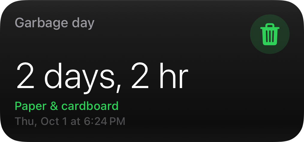 Countdown widget: 2 days, 2 hr until garbage day with a Paper & cardboard subtitle.