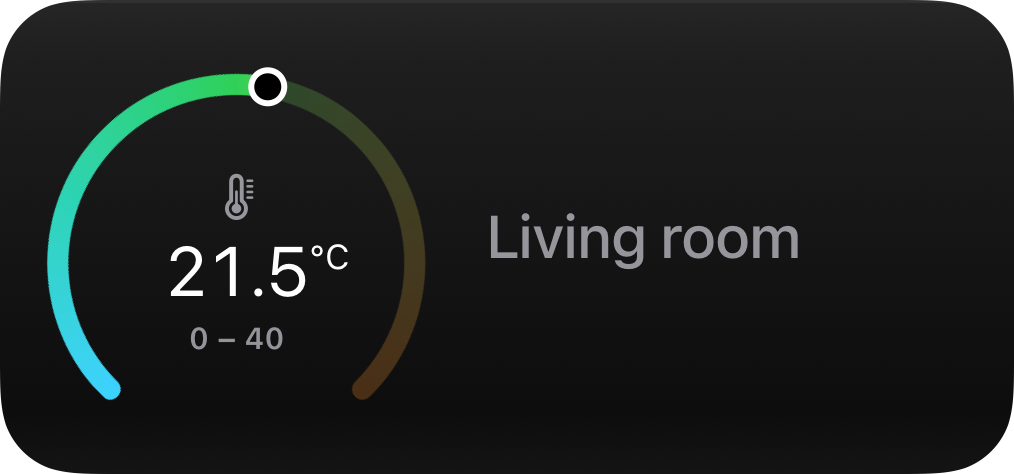 Gauge widget: Living room at 21.5 °C on a dial from 0 to 40.