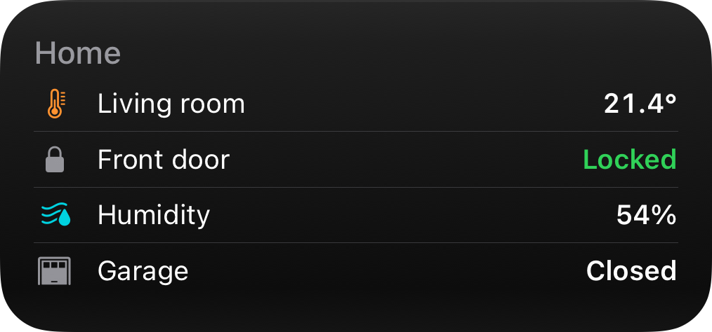 List widget: four labeled rows with sensor readings around the house.