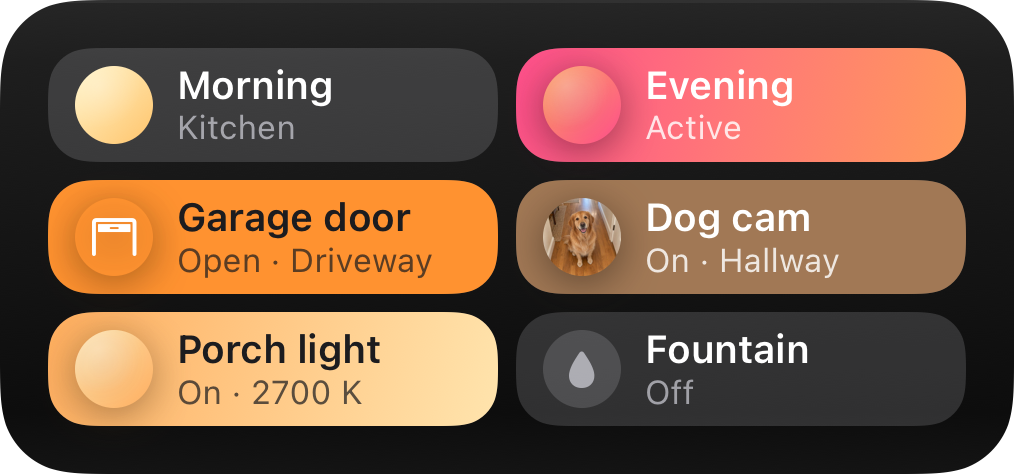 Switchboard widget: a grid of tiles, with Evening filled in its sunset gradient, the garage door open, and a dog camera tile showing its picture.