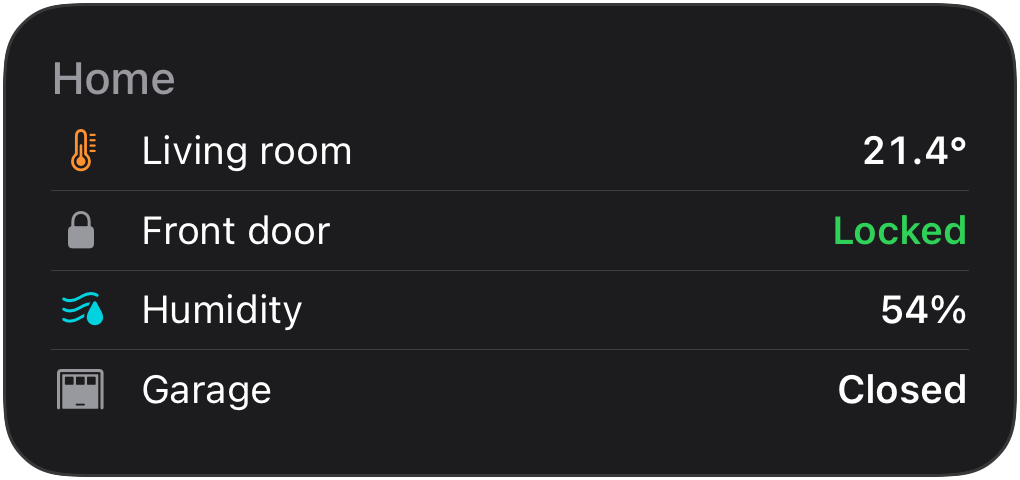 List widget: four labeled rows with sensor readings around the house.