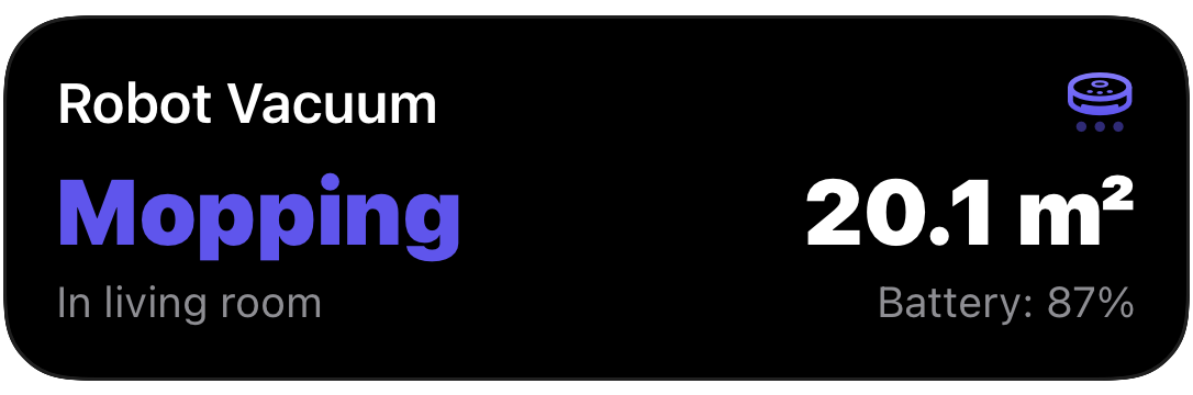 Lock screen Live Activity for a robot vacuum: Mopping in the living room, 20.1 square meters, battery 87%.