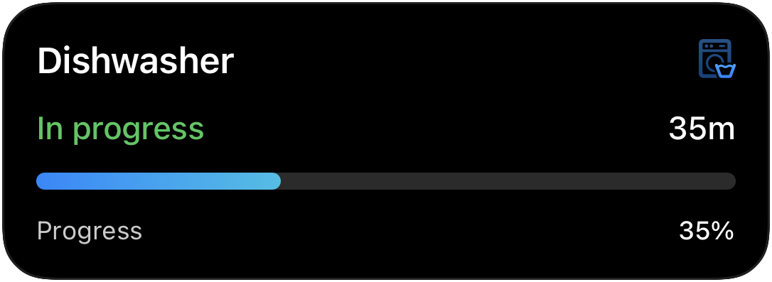 Generic Live Activity: a dishwasher In progress with 35 min left and a progress bar.