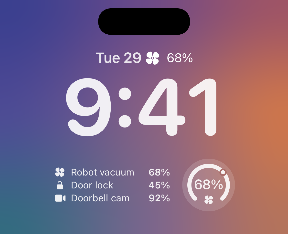 Battery widgets on the Lock Screen: a fan icon and 68% in the date line above the 9:41 clock; below it, a rectangle with Robot vacuum 68%, Door lock 45%, and Doorbell cam 92%, next to a circle with a 68% ring.