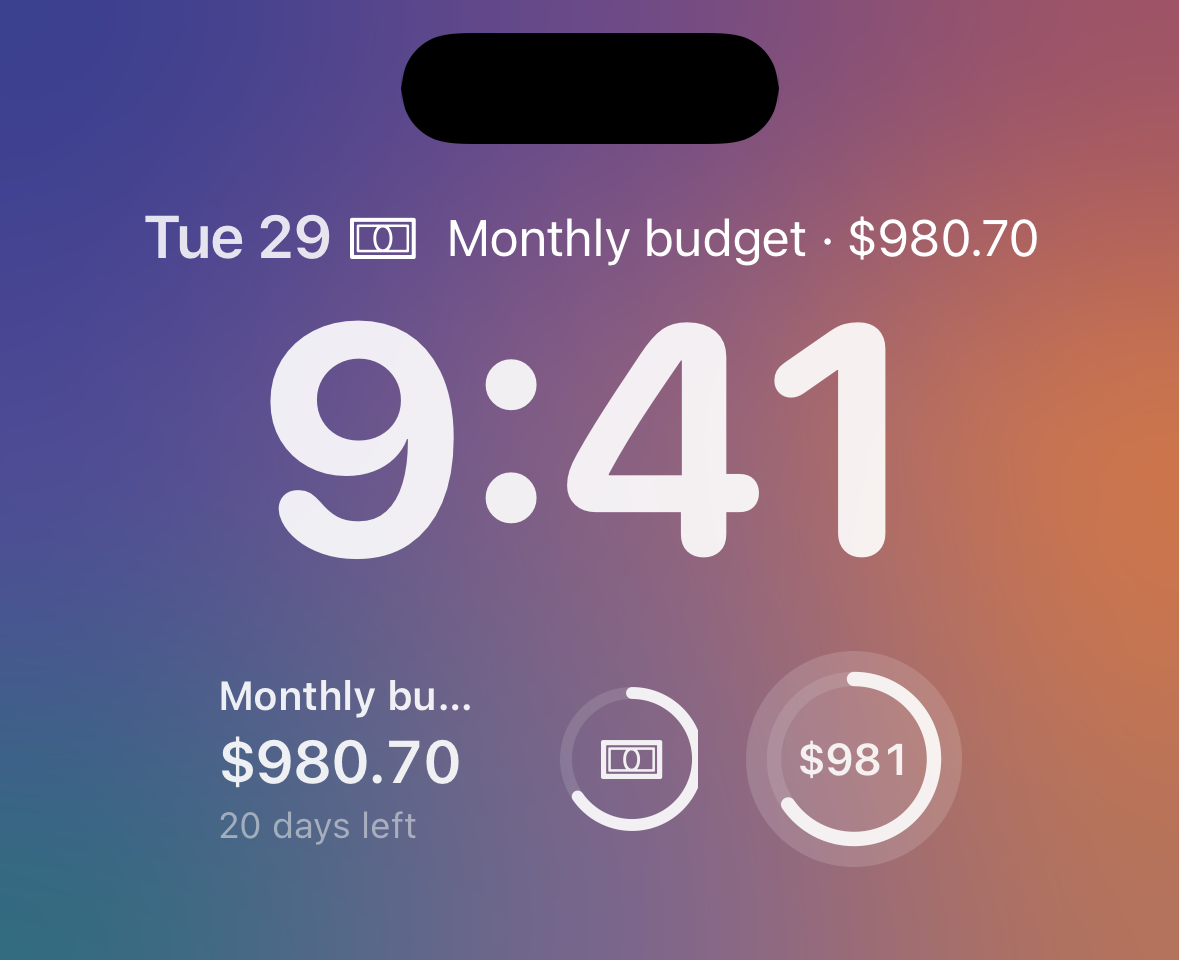 Budget widgets on the Lock Screen: Monthly budget · $980.70 in the date line above the 9:41 clock; below it, a rectangle with $980.70 and 20 days left beside a draining ring, next to a circle with $981.