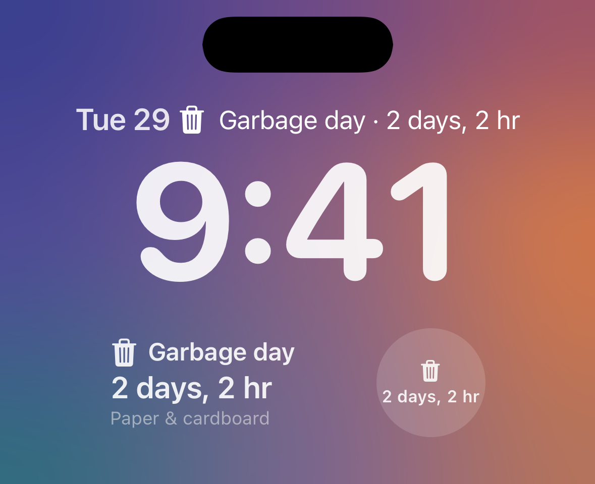 Countdown widgets on the Lock Screen: Garbage day · 2 days, 2 hr in the date line above the 9:41 clock; below it, a rectangle with Garbage day, 2 days, 2 hr, and Paper & cardboard, next to a circle with a trash can over 2 days, 2 hr.