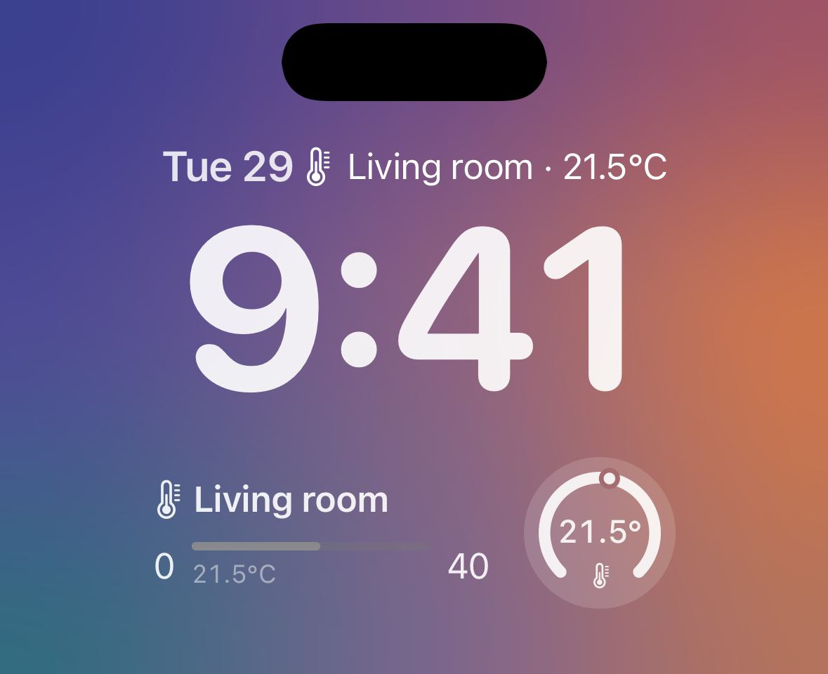 Gauge widgets on the Lock Screen: Living room · 21.5°C in the date line above the 9:41 clock; below it, a rectangle with a linear gauge at 21.5°C between 0 and 40, next to a circle with a 21.5° dial.