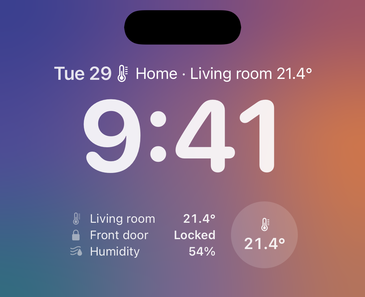 List widgets on the Lock Screen: Home · Living room 21.4° in the date line above the 9:41 clock; below it, a rectangle with Living room 21.4°, Front door Locked, and Humidity 54%, next to a circle with 21.4°.