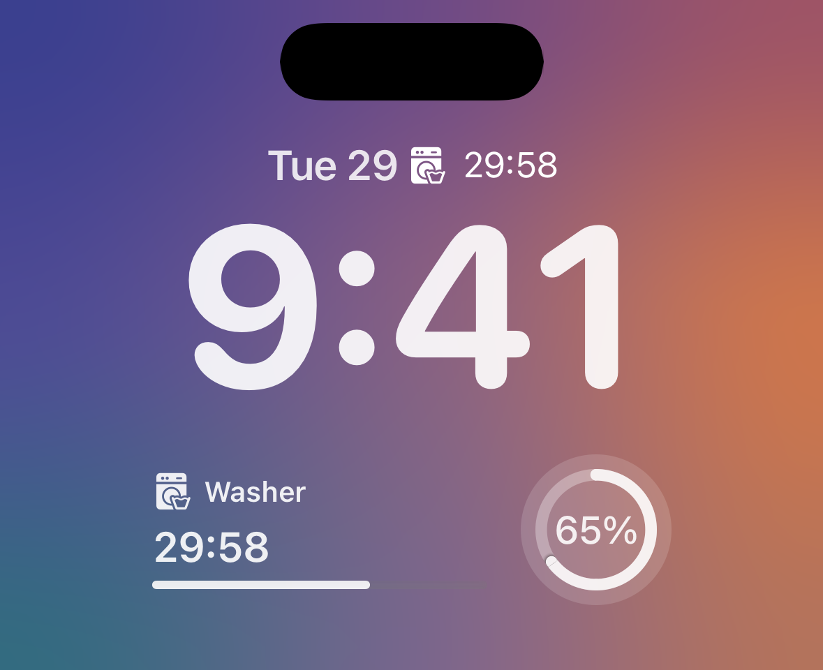 Progress widgets on the Lock Screen: a washer and a 29:58 countdown in the date line above the 9:41 clock; below it, a rectangle with Washer counting down over a progress bar, next to a circle with a 65% progress ring.