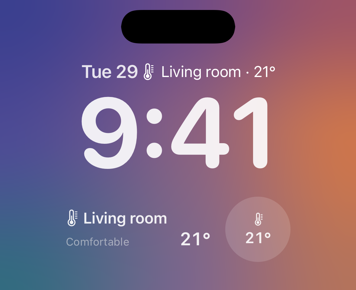 Status widgets on the Lock Screen: Living room · 21° in the date line above the 9:41 clock; below it, a rectangle with Living room, Comfortable, and 21°, next to a circle with a thermometer over 21°.