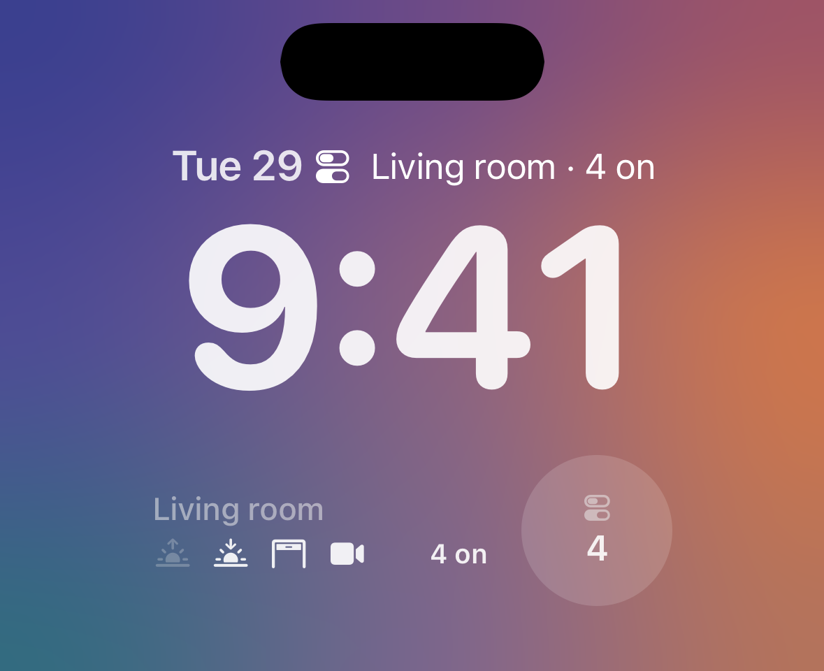 Switchboard widgets on the Lock Screen: Living room · 4 on in the date line above the 9:41 clock; below it, a rectangle with Living room, four tile symbols and 4 on, next to a circle with a switch symbol and 4.