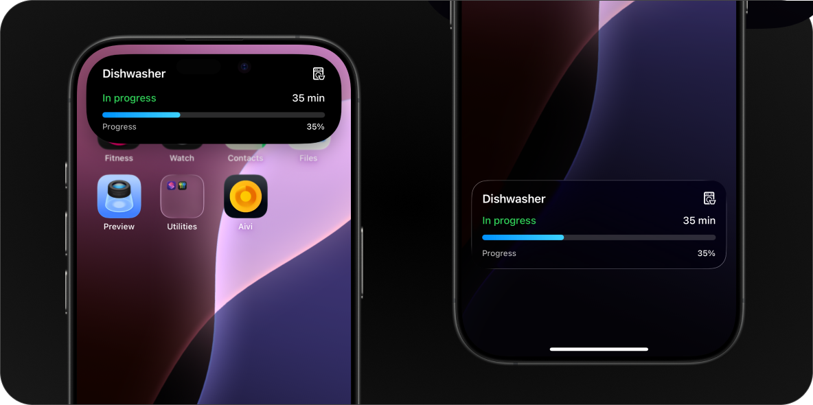 Left: Expanded dynamic island. Right: Lock screen.