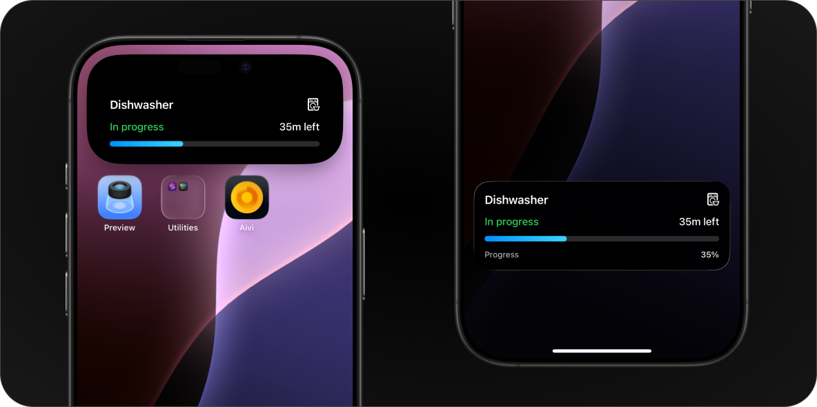 Left: Expanded dynamic island. Right: Lock screen.