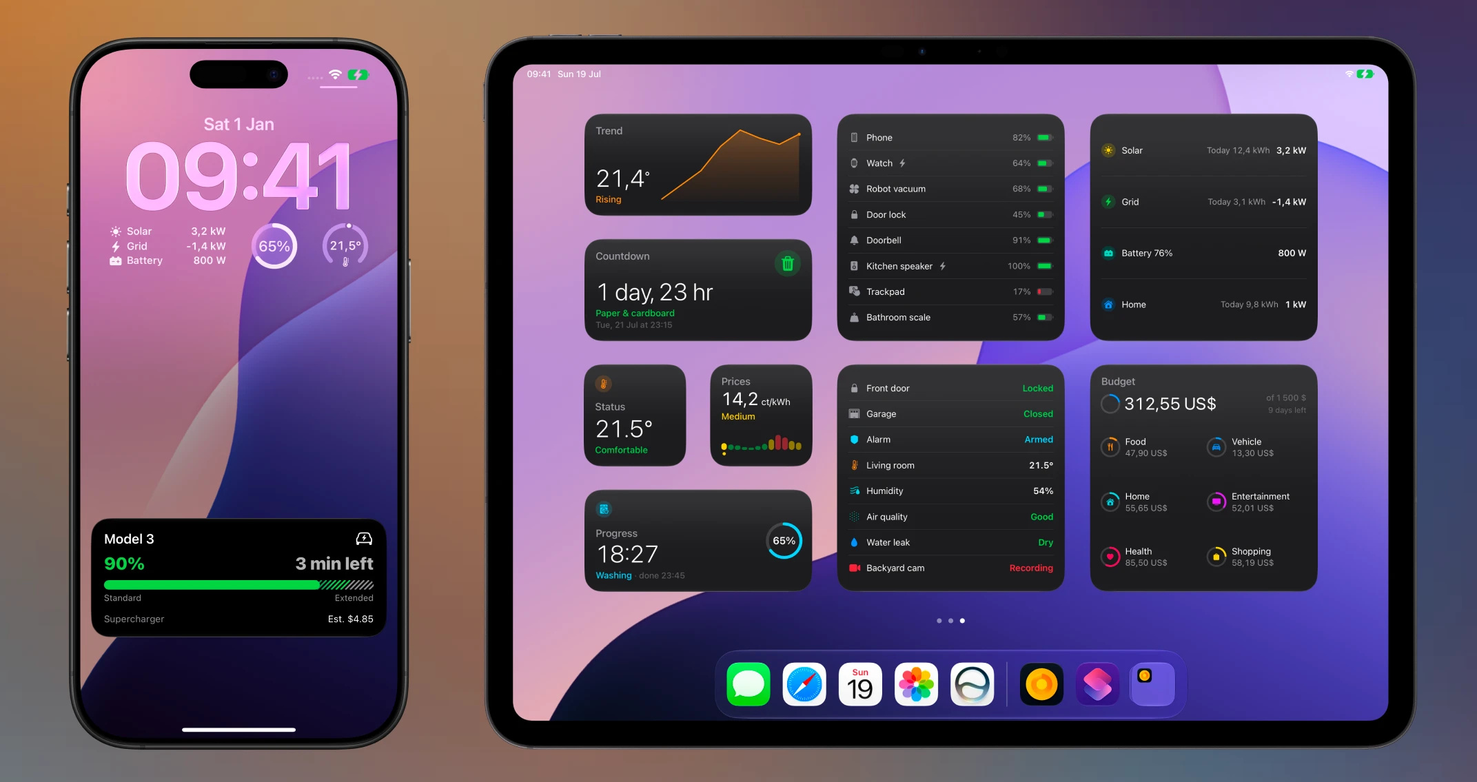 An iPhone lock screen with Aivi widgets and a Tesla charging Live Activity, next to an iPad home screen filled with Aivi widgets.