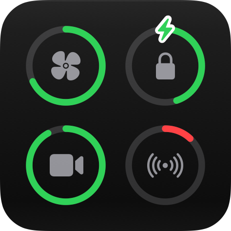 Battery widget at the small size: four battery level rings in a grid, one charging and one low in red.