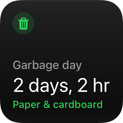 Countdown widget at the small size: 2 days, 2 hr until garbage day, with a Paper & cardboard subtitle.