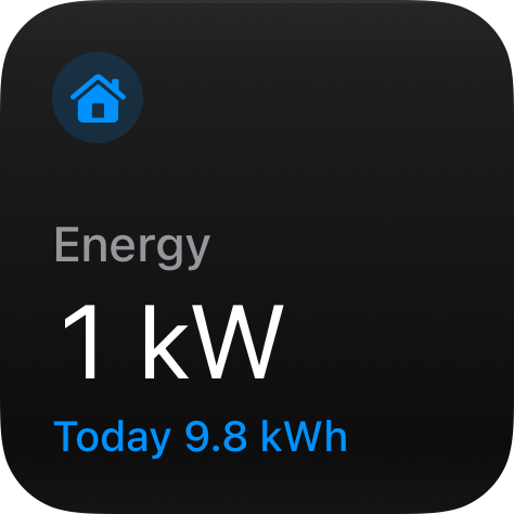 Energy widget at the small size: Home 1 kW, with 9.8 kWh today.