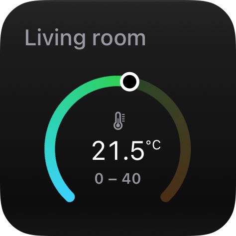 Gauge widget at the small size: Living room over a 21.5°C dial spanning 0 to 40.