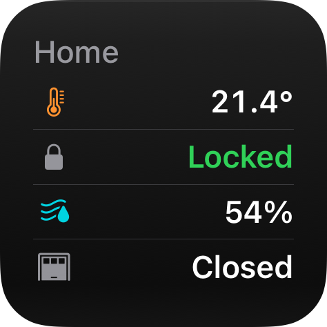 List widget at the small size: four icon rows: 21.4°, Locked in green, 54%, and Closed.