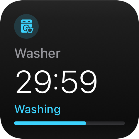 Progress widget at the small size: a washer counting down 29:59 over a Washing state line and a progress bar.