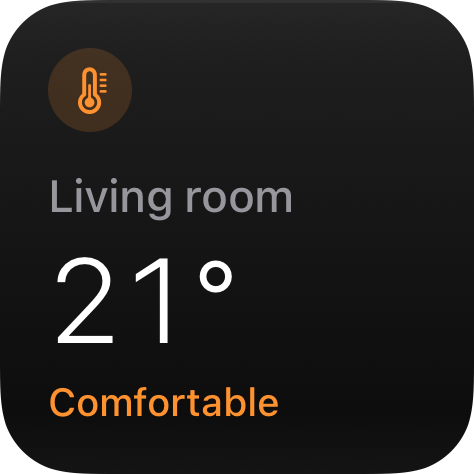 Status widget at the small size: a thermometer chip over Living room, 21°, and a Comfortable state line.