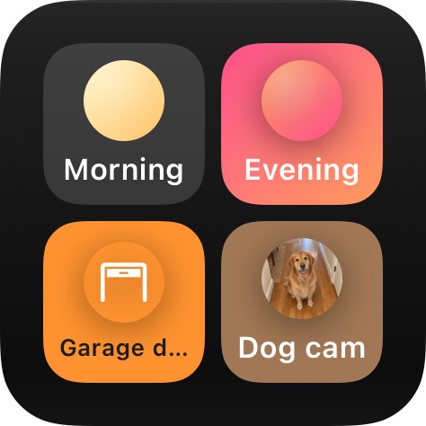 Switchboard widget at the small size: four tiles with round marks over their labels, Morning, Evening filled with its sunset gradient, Garage door filled orange, and Dog cam with the dog's picture.