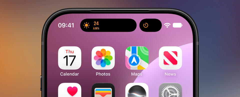 An iPhone Dynamic Island showing two Live Activities at once: an Aivi solar reading of 24 over kWh and a timer from another app