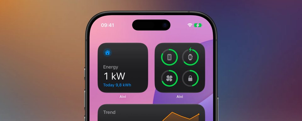A close-up of an iPhone home screen with Aivi widgets: an energy widget reading 1 kilowatt and a grid of device battery rings