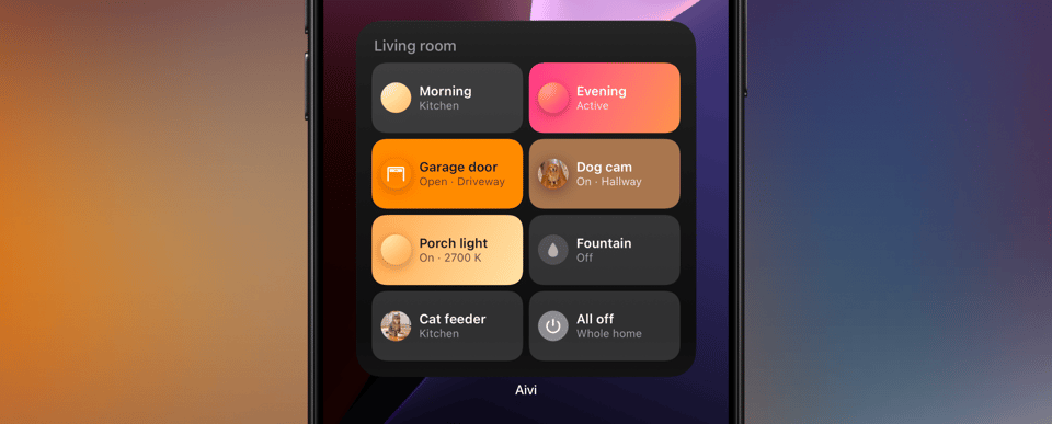 An iPhone Home Screen with the large Switchboard widget headed Living room: eight tiles in two columns for Morning (Kitchen), Evening (Active), Garage door (Open · Driveway), Dog cam (On · Hallway), Porch light (On · 2700 K), Fountain (Off), Cat feeder (Kitchen) and All off (Whole home)