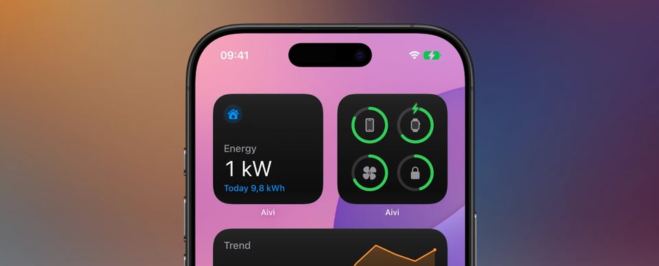 A close-up of an iPhone home screen with Aivi widgets: an energy widget reading 1 kilowatt and a grid of device battery rings
