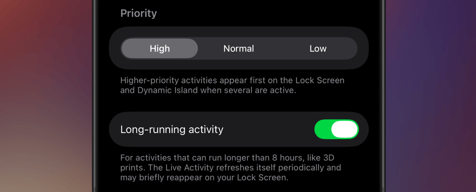 The Aivi activity editor showing the Priority picker and the Long-running activity toggle
